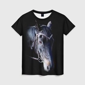 Женская футболка 3D с принтом Конь вороной в Новосибирске, 100% полиэфир ( синтетическое хлопкоподобное полотно) | прямой крой, круглый вырез горловины, длина до линии бедер | animal | beautiful | black | eyes | gloss | hairstyle | harness | horse | look | muzzle | взгляд | вороной | глаза | животное | конь | красивый | лоск | лошадь | прическа | сбруя | скакун | черный