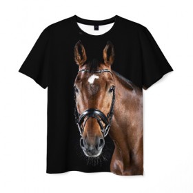 Мужская футболка 3D с принтом Гнедая лошадь в Новосибирске, 100% полиэфир | прямой крой, круглый вырез горловины, длина до линии бедер | animal | beautiful | black | brown | eyes | gloss | harness | horse | look | muzzle | взгляд | глаза | гнедая | животное | конь | коричневый | красивый | лоск | лошадь | сбруя | скакун | черный