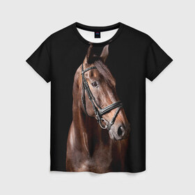 Женская футболка 3D с принтом Гнедая лошадь в Новосибирске, 100% полиэфир ( синтетическое хлопкоподобное полотно) | прямой крой, круглый вырез горловины, длина до линии бедер | animal | beautiful | black | brown | eyes | gloss | harness | horse | look | muzzle | взгляд | глаза | гнедая | животное | конь | коричневый | красивый | лоск | лошадь | сбруя | скакун | черный