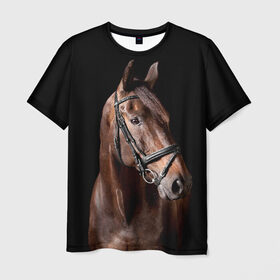 Мужская футболка 3D с принтом Гнедая лошадь в Новосибирске, 100% полиэфир | прямой крой, круглый вырез горловины, длина до линии бедер | Тематика изображения на принте: animal | beautiful | black | brown | eyes | gloss | harness | horse | look | muzzle | взгляд | глаза | гнедая | животное | конь | коричневый | красивый | лоск | лошадь | сбруя | скакун | черный