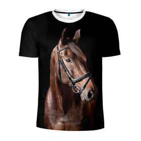 Мужская футболка 3D спортивная с принтом Гнедая лошадь в Новосибирске, 100% полиэстер с улучшенными характеристиками | приталенный силуэт, круглая горловина, широкие плечи, сужается к линии бедра | Тематика изображения на принте: animal | beautiful | black | brown | eyes | gloss | harness | horse | look | muzzle | взгляд | глаза | гнедая | животное | конь | коричневый | красивый | лоск | лошадь | сбруя | скакун | черный