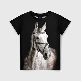 Детская футболка 3D с принтом Серный в яблоках конь в Новосибирске, 100% гипоаллергенный полиэфир | прямой крой, круглый вырез горловины, длина до линии бедер, чуть спущенное плечо, ткань немного тянется | animal | beautiful | black | eyes | gloss | harness | horse | look | muzzle | spotted | white | белый | в яблоках | взгляд | глаза | животное | конь | красивый | лоск | лошадь | пятнистый | сбруя | серый | скакун | черный