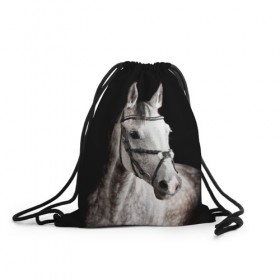 Рюкзак-мешок 3D с принтом Серный в яблоках конь в Новосибирске, 100% полиэстер | плотность ткани — 200 г/м2, размер — 35 х 45 см; лямки — толстые шнурки, застежка на шнуровке, без карманов и подкладки | animal | beautiful | black | eyes | gloss | harness | horse | look | muzzle | spotted | white | белый | в яблоках | взгляд | глаза | животное | конь | красивый | лоск | лошадь | пятнистый | сбруя | серый | скакун | черный