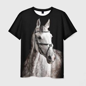 Мужская футболка 3D с принтом Серный в яблоках конь в Новосибирске, 100% полиэфир | прямой крой, круглый вырез горловины, длина до линии бедер | animal | beautiful | black | eyes | gloss | harness | horse | look | muzzle | spotted | white | белый | в яблоках | взгляд | глаза | животное | конь | красивый | лоск | лошадь | пятнистый | сбруя | серый | скакун | черный