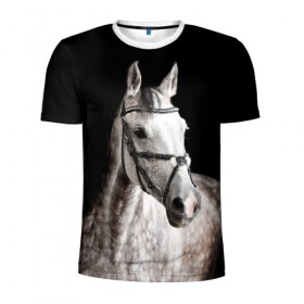 Мужская футболка 3D спортивная с принтом Серный в яблоках конь в Новосибирске, 100% полиэстер с улучшенными характеристиками | приталенный силуэт, круглая горловина, широкие плечи, сужается к линии бедра | Тематика изображения на принте: animal | beautiful | black | eyes | gloss | harness | horse | look | muzzle | spotted | white | белый | в яблоках | взгляд | глаза | животное | конь | красивый | лоск | лошадь | пятнистый | сбруя | серый | скакун | черный
