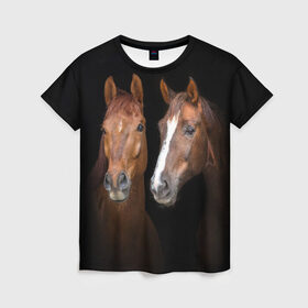 Женская футболка 3D с принтом Лошади гнедые в Новосибирске, 100% полиэфир ( синтетическое хлопкоподобное полотно) | прямой крой, круглый вырез горловины, длина до линии бедер | animal | beautiful | black | brown | coffee | couple | eyes | gloss | horse | look | muzzle | взгляд | глаза | гнедые | животное | конь | коричневый | кофейный | красивый | лоск | лошади | пара | скакун | черный