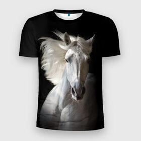 Мужская футболка 3D спортивная с принтом Белая лошадь в Новосибирске, 100% полиэстер с улучшенными характеристиками | приталенный силуэт, круглая горловина, широкие плечи, сужается к линии бедра | Тематика изображения на принте: animal | beautiful | black | eyes | gloss | grace | harness | horse | look | mane | muzzle | strength | white | белая | взгляд | глаза | грация | грива | животное | конь | красивый | лоск | лошадь | сбруя | сила | скакун