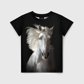 Детская футболка 3D с принтом Белая лошадь в Новосибирске, 100% гипоаллергенный полиэфир | прямой крой, круглый вырез горловины, длина до линии бедер, чуть спущенное плечо, ткань немного тянется | Тематика изображения на принте: animal | beautiful | black | eyes | gloss | grace | harness | horse | look | mane | muzzle | strength | white | белая | взгляд | глаза | грация | грива | животное | конь | красивый | лоск | лошадь | сбруя | сила | скакун