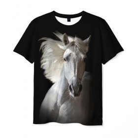Мужская футболка 3D с принтом Белая лошадь в Новосибирске, 100% полиэфир | прямой крой, круглый вырез горловины, длина до линии бедер | Тематика изображения на принте: animal | beautiful | black | eyes | gloss | grace | harness | horse | look | mane | muzzle | strength | white | белая | взгляд | глаза | грация | грива | животное | конь | красивый | лоск | лошадь | сбруя | сила | скакун