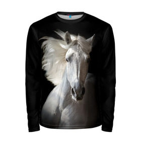 Мужской лонгслив 3D с принтом Белая лошадь в Новосибирске, 100% полиэстер | длинные рукава, круглый вырез горловины, полуприлегающий силуэт | Тематика изображения на принте: animal | beautiful | black | eyes | gloss | grace | harness | horse | look | mane | muzzle | strength | white | белая | взгляд | глаза | грация | грива | животное | конь | красивый | лоск | лошадь | сбруя | сила | скакун