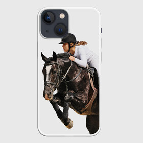 Чехол для iPhone 13 mini с принтом Наездница в Новосибирске,  |  | animal | coffee | girl | harness | horse | rider | riding | sport | white | woman | белый | девушка | езда | женщина | животное | конь | кофейный | лошадь | наездница | сбруя | спорт