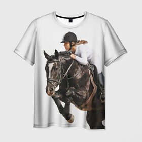 Мужская футболка 3D с принтом Наездница в Новосибирске, 100% полиэфир | прямой крой, круглый вырез горловины, длина до линии бедер | animal | coffee | girl | harness | horse | rider | riding | sport | white | woman | белый | девушка | езда | женщина | животное | конь | кофейный | лошадь | наездница | сбруя | спорт