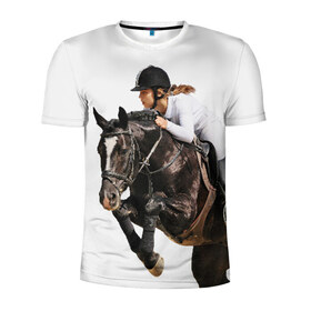 Мужская футболка 3D спортивная с принтом Наездница в Новосибирске, 100% полиэстер с улучшенными характеристиками | приталенный силуэт, круглая горловина, широкие плечи, сужается к линии бедра | animal | coffee | girl | harness | horse | rider | riding | sport | white | woman | белый | девушка | езда | женщина | животное | конь | кофейный | лошадь | наездница | сбруя | спорт