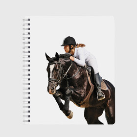 Тетрадь с принтом Наездница в Новосибирске, 100% бумага | 48 листов, плотность листов — 60 г/м2, плотность картонной обложки — 250 г/м2. Листы скреплены сбоку удобной пружинной спиралью. Уголки страниц и обложки скругленные. Цвет линий — светло-серый
 | Тематика изображения на принте: animal | coffee | girl | harness | horse | rider | riding | sport | white | woman | белый | девушка | езда | женщина | животное | конь | кофейный | лошадь | наездница | сбруя | спорт