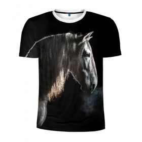 Мужская футболка 3D спортивная с принтом Серный в яблоках конь в Новосибирске, 100% полиэстер с улучшенными характеристиками | приталенный силуэт, круглая горловина, широкие плечи, сужается к линии бедра | Тематика изображения на принте: animal | beautiful | black | eyes | gloss | harness | horse | look | muzzle | portrait | в яблоках | взгляд | глаза | животное | конь | красивый | лоск | лошадь | портрет | сбруя | серый | скакун