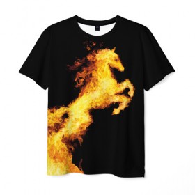 Мужская футболка 3D с принтом Огненный конь в Новосибирске, 100% полиэфир | прямой крой, круглый вырез горловины, длина до линии бедер | animal | beautiful | black | fiery | fire | horse | mane | wild | грива | дикий | животное | конь | красивый | лошадь | огненный | огонь | скакун | черный