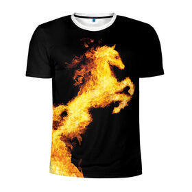 Мужская футболка 3D спортивная с принтом Огненный конь в Новосибирске, 100% полиэстер с улучшенными характеристиками | приталенный силуэт, круглая горловина, широкие плечи, сужается к линии бедра | Тематика изображения на принте: animal | beautiful | black | fiery | fire | horse | mane | wild | грива | дикий | животное | конь | красивый | лошадь | огненный | огонь | скакун | черный