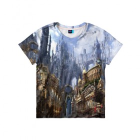 Детская футболка 3D с принтом Древний город в Новосибирске, 100% гипоаллергенный полиэфир | прямой крой, круглый вырез горловины, длина до линии бедер, чуть спущенное плечо, ткань немного тянется | Тематика изображения на принте: 3d | арт | башни | древний город | светлые | стимпанк | шпили