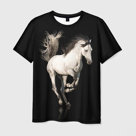 Мужская футболка 3D с принтом Серный в яблоках конь в Новосибирске, 100% полиэфир | прямой крой, круглый вырез горловины, длина до линии бедер | Тематика изображения на принте: animal | beautiful | black | gloss | horse | mane | mustang | muzzle | white | wild | белый | в яблоках | грива | дикий | животное | конь | красивый | лоск | лошадь | мустанг | серый | скакун | черный