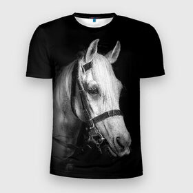 Мужская футболка 3D спортивная с принтом Белая лошадь в Новосибирске, 100% полиэстер с улучшенными характеристиками | приталенный силуэт, круглая горловина, широкие плечи, сужается к линии бедра | Тематика изображения на принте: animal | beautiful | black | eyes | gloss | harness | horse | look | muzzle | white | белый | взгляд | глаза | животное | конь | красивый | лоск | лошадь | сбруя | скакун