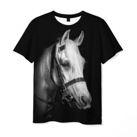 Мужская футболка 3D с принтом Белая лошадь в Новосибирске, 100% полиэфир | прямой крой, круглый вырез горловины, длина до линии бедер | Тематика изображения на принте: animal | beautiful | black | eyes | gloss | harness | horse | look | muzzle | white | белый | взгляд | глаза | животное | конь | красивый | лоск | лошадь | сбруя | скакун