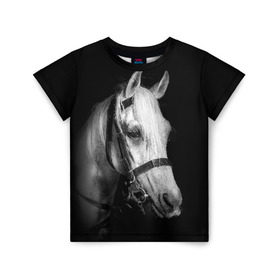 Детская футболка 3D с принтом Белая лошадь в Новосибирске, 100% гипоаллергенный полиэфир | прямой крой, круглый вырез горловины, длина до линии бедер, чуть спущенное плечо, ткань немного тянется | Тематика изображения на принте: animal | beautiful | black | eyes | gloss | harness | horse | look | muzzle | white | белый | взгляд | глаза | животное | конь | красивый | лоск | лошадь | сбруя | скакун