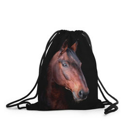 Рюкзак-мешок 3D с принтом Гнедая лошадь в Новосибирске, 100% полиэстер | плотность ткани — 200 г/м2, размер — 35 х 45 см; лямки — толстые шнурки, застежка на шнуровке, без карманов и подкладки | animal | beautiful | black | brown | chocolate | eyes | gloss | horse | look | muzzle | portrait | взгляд | глаза | животное | конь | коричневый | красивый | лоск | лошадь | портрет | скакун | черный | шоколадный