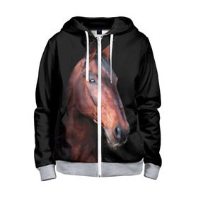Детская толстовка 3D на молнии с принтом Гнедая лошадь в Новосибирске, 100% полиэстер |  манжеты и пояс оформлены широкой мягкой резинкой, двухслойный капюшон со шнурком для регулировки, спереди карманы и застежка-молния
 | animal | beautiful | black | brown | chocolate | eyes | gloss | horse | look | muzzle | portrait | взгляд | глаза | животное | конь | коричневый | красивый | лоск | лошадь | портрет | скакун | черный | шоколадный