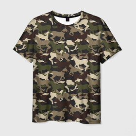 Мужская футболка 3D с принтом Камуфляж в Новосибирске, 100% полиэфир | прямой крой, круглый вырез горловины, длина до линии бедер | animal | camouflage | cool | herd | horse | khaki | military | военный | животное | камуфляж | конь | лошадь | прикольный | скакун | табун | хаки
