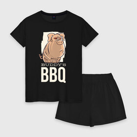 Женская пижама с шортиками хлопок с принтом Злая Свинка в Новосибирске, 100% хлопок | футболка прямого кроя, шорты свободные с широкой мягкой резинкой | bbq | барбекю | еда | мясо | свинина | свиньи | свинья | шашлык