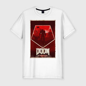 Мужская футболка премиум с принтом Doom в Новосибирске, 92% хлопок, 8% лайкра | приталенный силуэт, круглый вырез ворота, длина до линии бедра, короткий рукав | cacodemon | doom | eternal | вечность | вечный | дум | итёрнал | какодемон | этернал