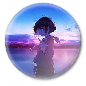 Значок с принтом Anime Sunset в Новосибирске,  металл | круглая форма, металлическая застежка в виде булавки | Тематика изображения на принте: anime | clouds | girl | sunset | аниме | девушка | закат