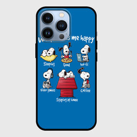 Чехол для iPhone 13 Pro с принтом Что делает меня счастливым в Новосибирске,  |  | Тематика изображения на принте: happy | makes | me | peanuts | snoopy | what | арахис | вудсток | пес | сабака | снупи | собака | чарли браун | щенок