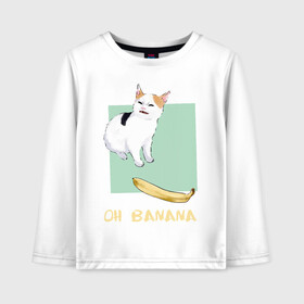 Детский лонгслив хлопок с принтом Banana Cat в Новосибирске, 100% хлопок | круглый вырез горловины, полуприлегающий силуэт, длина до линии бедер | cat | meme | picture | банан | картинки | кот | котики | коты | кошки | мем | прикольные