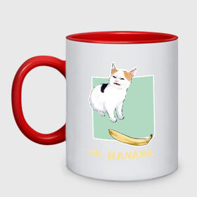Кружка двухцветная с принтом Banana Cat в Новосибирске, керамика | объем — 330 мл, диаметр — 80 мм. Цветная ручка и кайма сверху, в некоторых цветах — вся внутренняя часть | cat | meme | picture | банан | картинки | кот | котики | коты | кошки | мем | прикольные