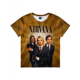 Детская футболка 3D с принтом Nirvana в Новосибирске, 100% гипоаллергенный полиэфир | прямой крой, круглый вырез горловины, длина до линии бедер, чуть спущенное плечо, ткань немного тянется | Тематика изображения на принте: 90 | alternative | crimson | david grohl | foo fighters | grunge | kurt cobain | music | nirvana | rip | rock | smile | гранж | группа | девяностые | курт кобейн | музыка | нирвана | рок