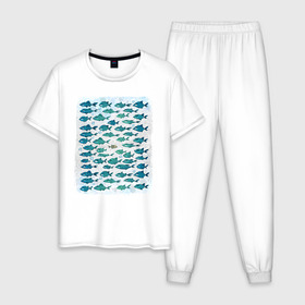 Мужская пижама хлопок с принтом Меланхолично-скептичные рыбы в Новосибирске, 100% хлопок | брюки и футболка прямого кроя, без карманов, на брюках мягкая резинка на поясе и по низу штанин
 | Тематика изображения на принте: bird born | арт | иллюстрация | ирония | мы | общество | подозревака | противостояние | рыбы | сопротивление | социум | юмор | я