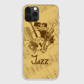 Чехол для iPhone 12 Pro Max с принтом Jazz в Новосибирске, Силикон |  | brown | cello | drum | guitar | instrument | jazz | musical | retro | saxophone | sheet music | trumpet | vintage | yellow | барабан | винтаж | виолончель | гитара | джаз | желтый | инструмент | коричневый | музыка | музыкальный | ноты | ретро | сак