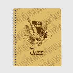 Тетрадь с принтом Jazz в Новосибирске, 100% бумага | 48 листов, плотность листов — 60 г/м2, плотность картонной обложки — 250 г/м2. Листы скреплены сбоку удобной пружинной спиралью. Уголки страниц и обложки скругленные. Цвет линий — светло-серый
 | brown | cello | drum | guitar | instrument | jazz | musical | retro | saxophone | sheet music | trumpet | vintage | yellow | барабан | винтаж | виолончель | гитара | джаз | желтый | инструмент | коричневый | музыка | музыкальный | ноты | ретро | сак