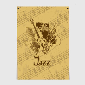 Постер с принтом Jazz в Новосибирске, 100% бумага
 | бумага, плотность 150 мг. Матовая, но за счет высокого коэффициента гладкости имеет небольшой блеск и дает на свету блики, но в отличии от глянцевой бумаги не покрыта лаком | brown | cello | drum | guitar | instrument | jazz | musical | retro | saxophone | sheet music | trumpet | vintage | yellow | барабан | винтаж | виолончель | гитара | джаз | желтый | инструмент | коричневый | музыка | музыкальный | ноты | ретро | сак