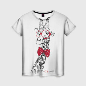 Женская футболка 3D с принтом Жираф в Новосибирске, 100% полиэфир ( синтетическое хлопкоподобное полотно) | прямой крой, круглый вырез горловины, длина до линии бедер | animal | bow tie | cool | giraffe | gray | red | white | белый | галстук  бабочка | животное | жираф | красный | очки | прикольный | серый