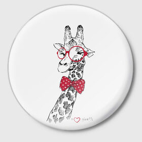 Значок с принтом Жираф в Новосибирске,  металл | круглая форма, металлическая застежка в виде булавки | animal | bow tie | cool | giraffe | gray | red | white | белый | галстук  бабочка | животное | жираф | красный | очки | прикольный | серый