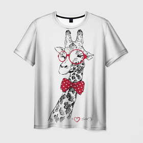 Мужская футболка 3D с принтом Жираф в Новосибирске, 100% полиэфир | прямой крой, круглый вырез горловины, длина до линии бедер | animal | bow tie | cool | giraffe | gray | red | white | белый | галстук  бабочка | животное | жираф | красный | очки | прикольный | серый