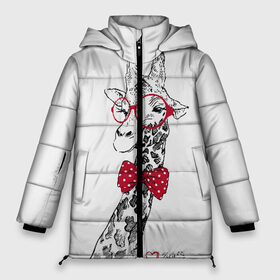 Женская зимняя куртка 3D с принтом Жираф в Новосибирске, верх — 100% полиэстер; подкладка — 100% полиэстер; утеплитель — 100% полиэстер | длина ниже бедра, силуэт Оверсайз. Есть воротник-стойка, отстегивающийся капюшон и ветрозащитная планка. 

Боковые карманы с листочкой на кнопках и внутренний карман на молнии | Тематика изображения на принте: animal | bow tie | cool | giraffe | gray | red | white | белый | галстук  бабочка | животное | жираф | красный | очки | прикольный | серый
