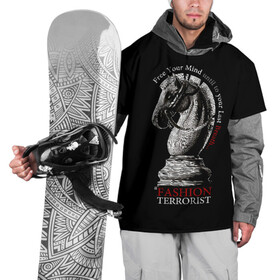 Накидка на куртку 3D с принтом A Fashion Terrorist в Новосибирске, 100% полиэстер |  | black | chess | cool | figure | horse | red | slogan | style | white | белый | конь | красный | лошадь | прикольный | слоган | стиль | фигура | черный | шахматы