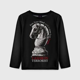 Детский лонгслив 3D с принтом A Fashion Terrorist в Новосибирске, 100% полиэстер | длинные рукава, круглый вырез горловины, полуприлегающий силуэт
 | black | chess | cool | figure | horse | red | slogan | style | white | белый | конь | красный | лошадь | прикольный | слоган | стиль | фигура | черный | шахматы