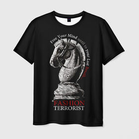Мужская футболка 3D с принтом A Fashion Terrorist в Новосибирске, 100% полиэфир | прямой крой, круглый вырез горловины, длина до линии бедер | black | chess | cool | figure | horse | red | slogan | style | white | белый | конь | красный | лошадь | прикольный | слоган | стиль | фигура | черный | шахматы