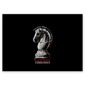 Поздравительная открытка с принтом A Fashion Terrorist в Новосибирске, 100% бумага | плотность бумаги 280 г/м2, матовая, на обратной стороне линовка и место для марки
 | black | chess | cool | figure | horse | red | slogan | style | white | белый | конь | красный | лошадь | прикольный | слоган | стиль | фигура | черный | шахматы