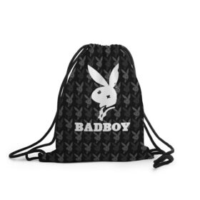 Рюкзак-мешок 3D с принтом Bad boy в Новосибирске, 100% полиэстер | плотность ткани — 200 г/м2, размер — 35 х 45 см; лямки — толстые шнурки, застежка на шнуровке, без карманов и подкладки | bad boy | bite | bow tie | broken | cool | ear | fighter | logo | man | playboy | rabbit | sign | symbol | white | белый | битый | боец | галстук бабочка | знак | кролик | логотип | любовь | мальчик | мужчина | откушенное | прикольный | сим
