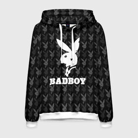 Мужская толстовка 3D с принтом Bad boy в Новосибирске, 100% полиэстер | двухслойный капюшон со шнурком для регулировки, мягкие манжеты на рукавах и по низу толстовки, спереди карман-кенгуру с мягким внутренним слоем. | Тематика изображения на принте: bad boy | bite | bow tie | broken | cool | ear | fighter | logo | man | playboy | rabbit | sign | symbol | white | белый | битый | боец | галстук бабочка | знак | кролик | логотип | любовь | мальчик | мужчина | откушенное | прикольный | сим